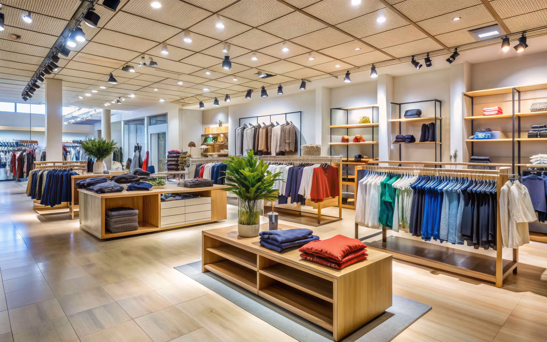Bright modern clothing store interior with light wood fixtures, racks of colorful shirts, jackets, and folded clothes, and potted green plants.