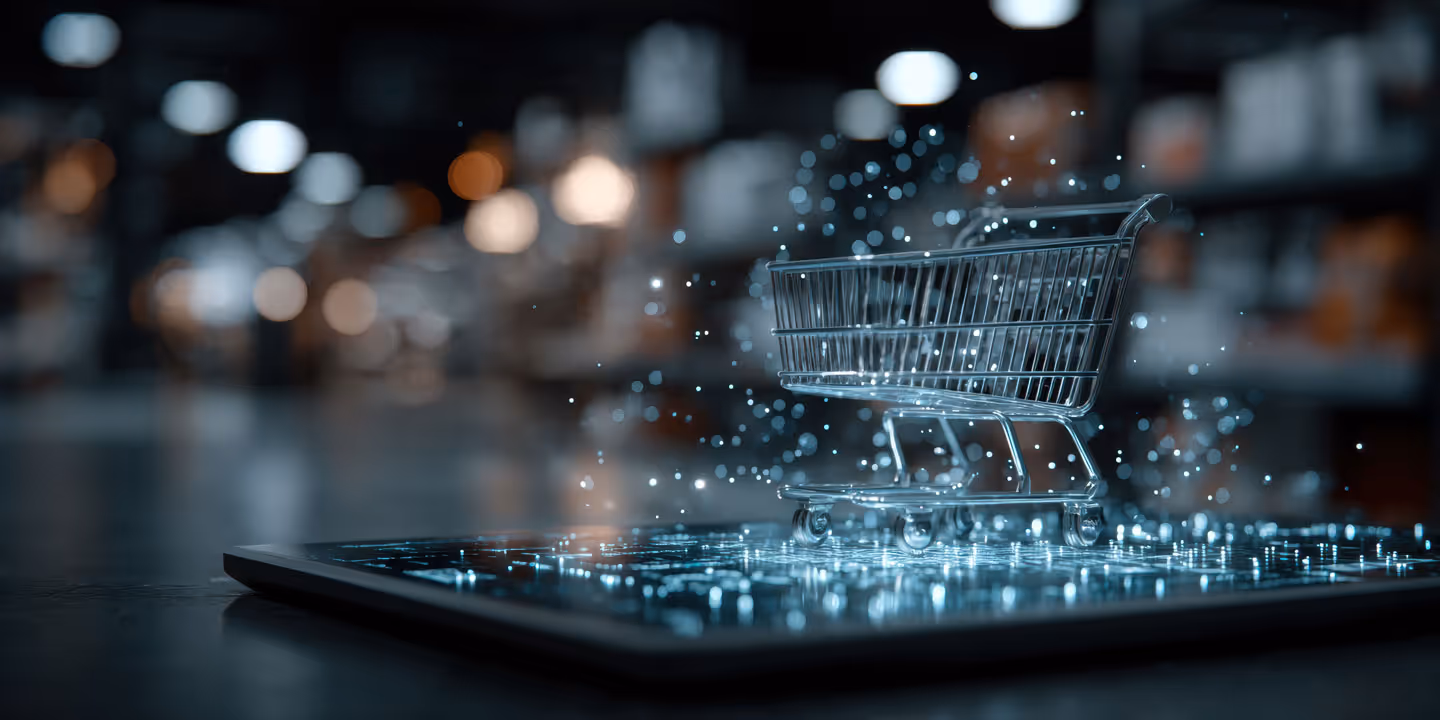 Miniature shopping cart on a tablet displaying glowing digital elements, symbolizing e-commerce technology.