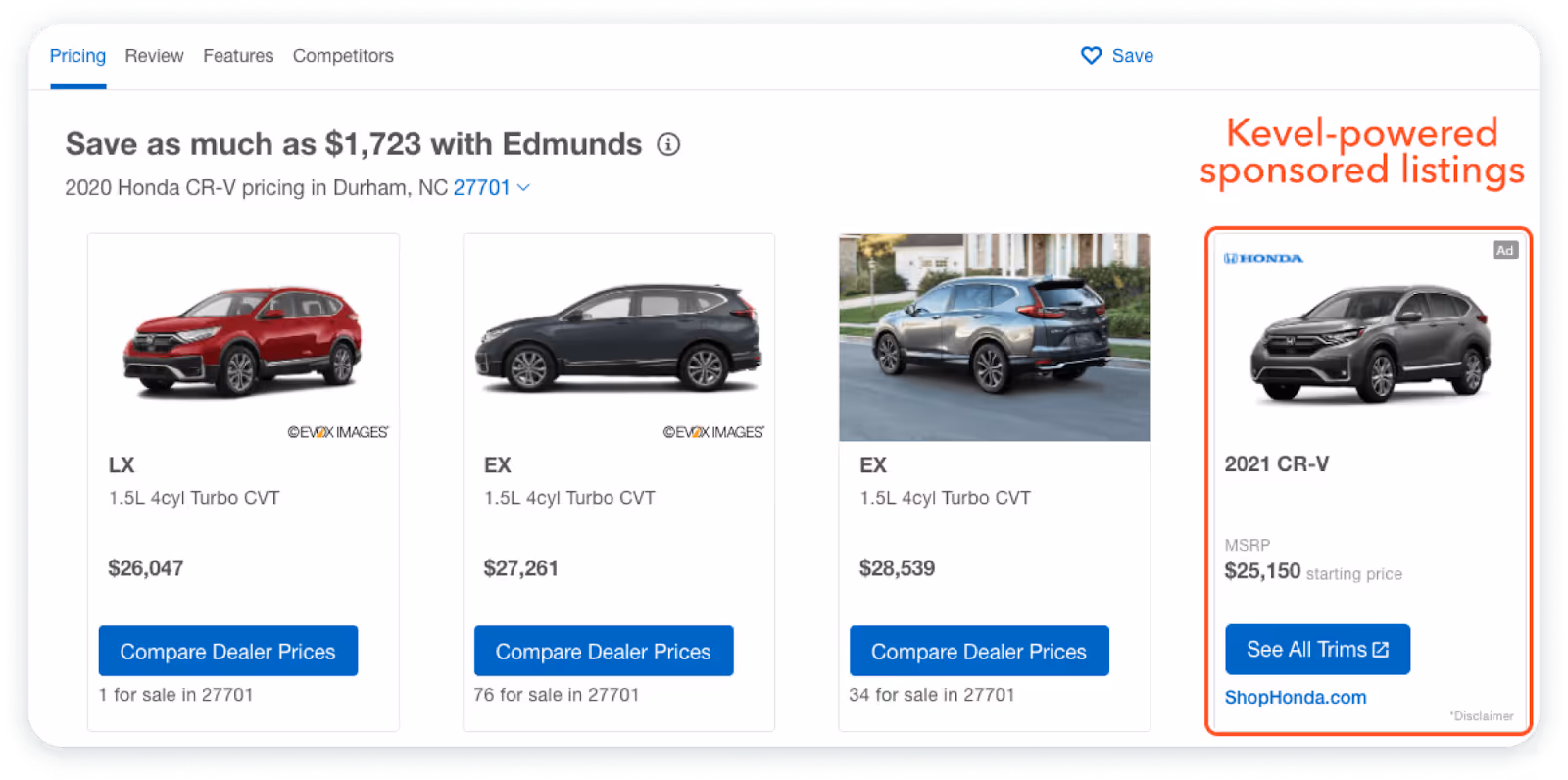 Comparison of 2020 Honda CR-V models LX, EX, and EX with pricing and engine details, plus a 2021 CR-V Kevel-powered sponsored listing with a starting price of $25,150.