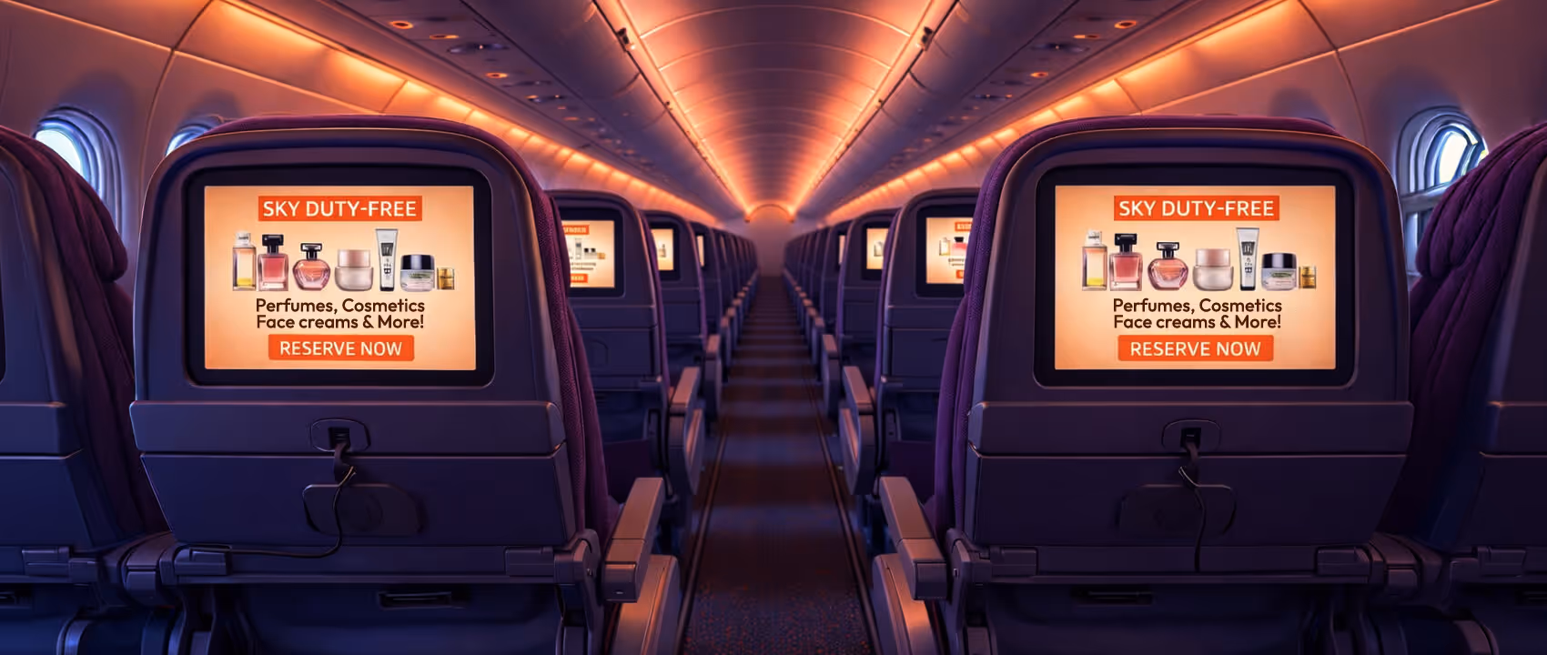 Interior view of an airplane cabin with purple seats, showing in-flight entertainment screens displaying duty-free perfume and cosmetics ads.