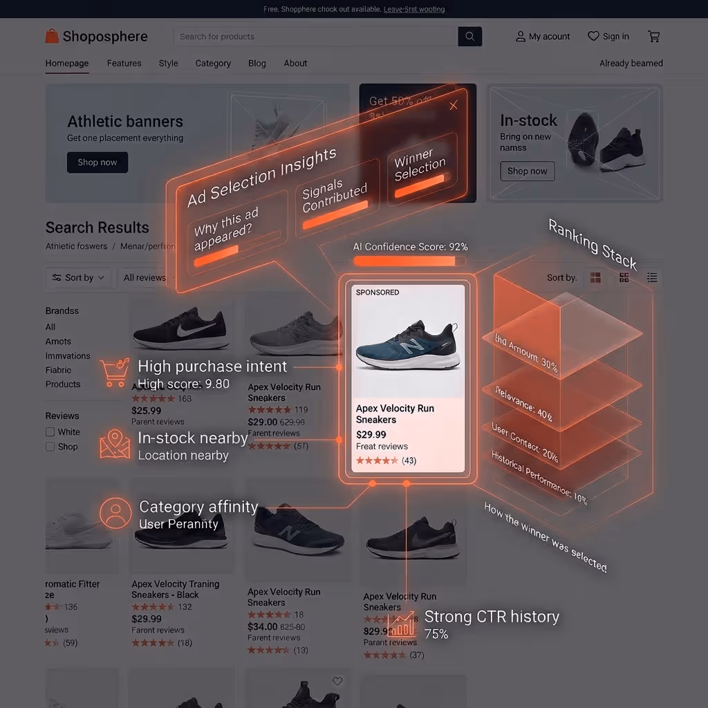 Online shoe store search with highlighted AI ad insights and ranking metrics for Apex Velocity Run Sneakers.