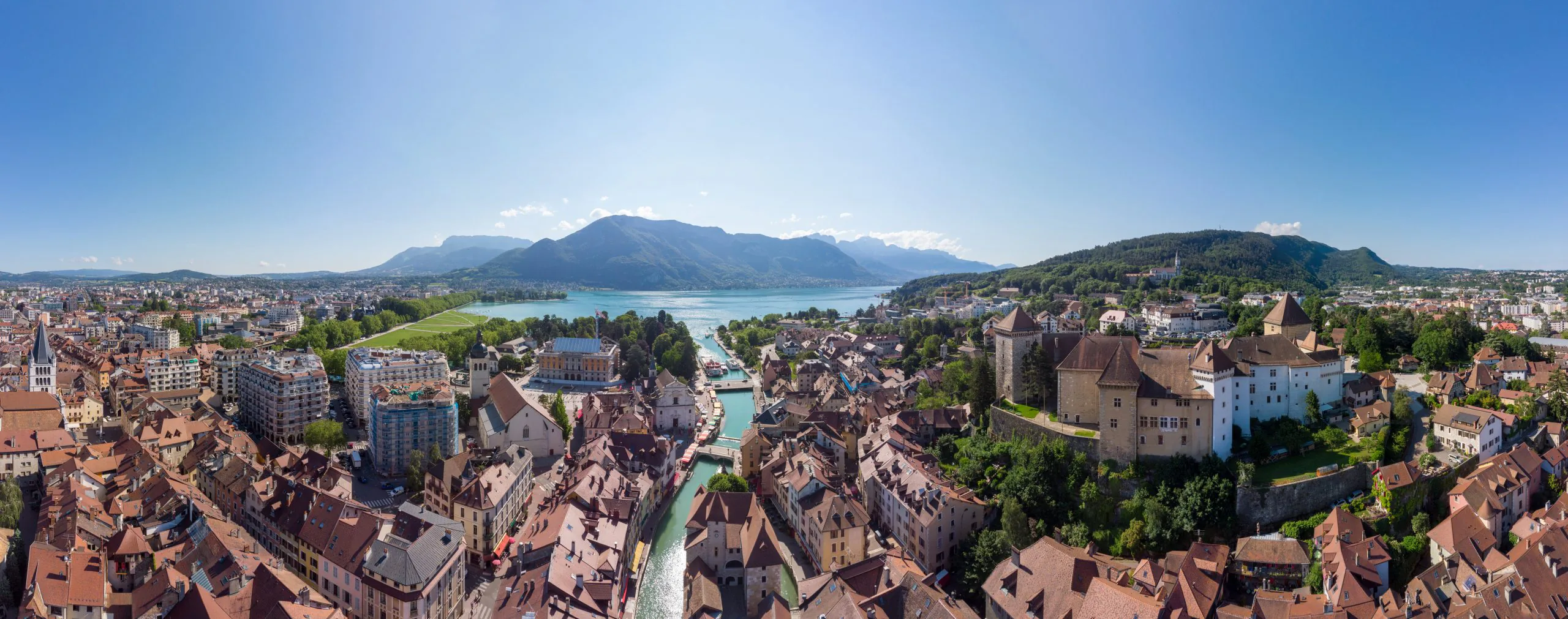 Annecy city center panoramic aerial view with the old town, cast