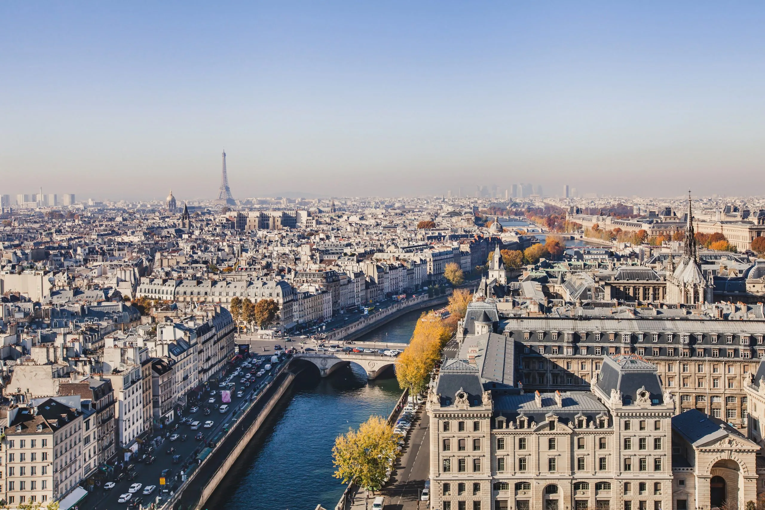 aerial view of Paris, panoramic scene of Seine river and Eiffel