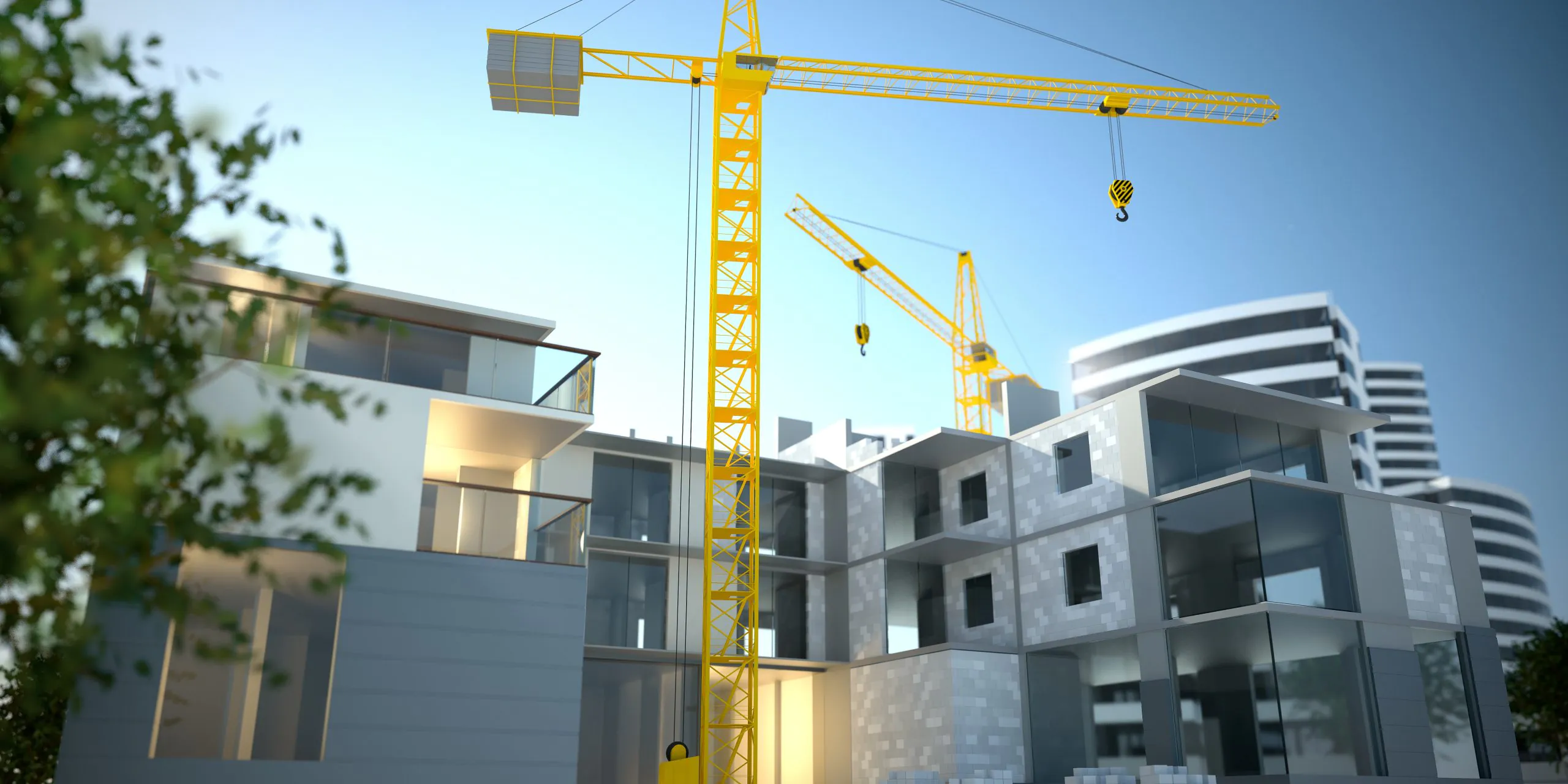 Apartments construction;Businessman in shirt working on his laptop in an office