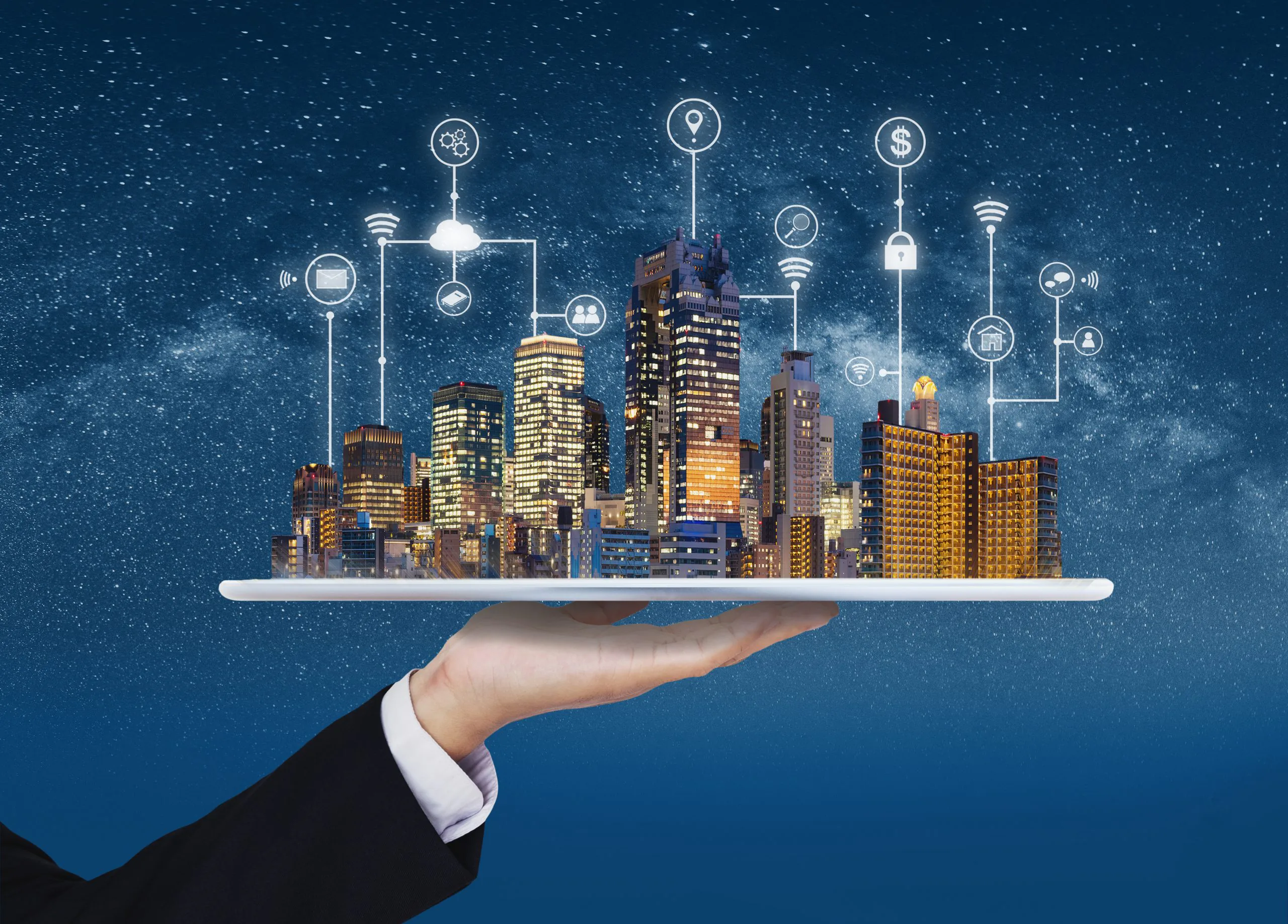 Smart city, building technology, and real estate business. Busin