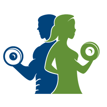 Silhouettes of a man and woman back to back lifting a dumbbell each in opposite hands.