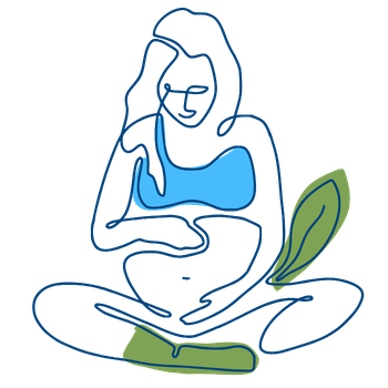 Line drawing of a seated pregnant woman holding her belly with a green leaf beside her.