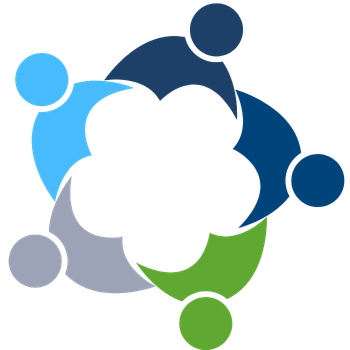 Five abstract human figures forming a circle symbolizing unity and teamwork in blue, gray, and green.