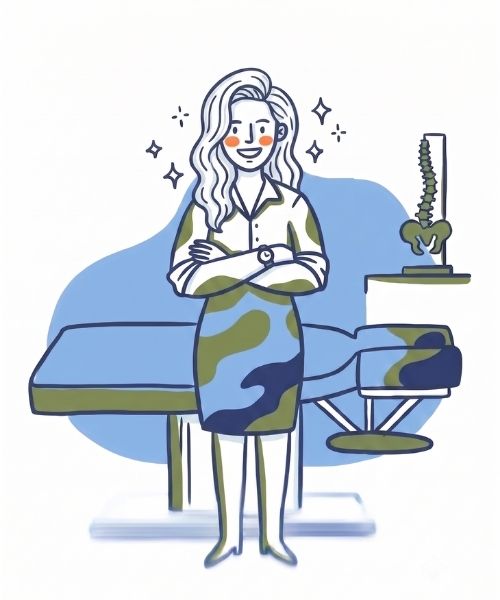 Illustration of a smiling woman standing with arms crossed by a chiropractic table and spine model.