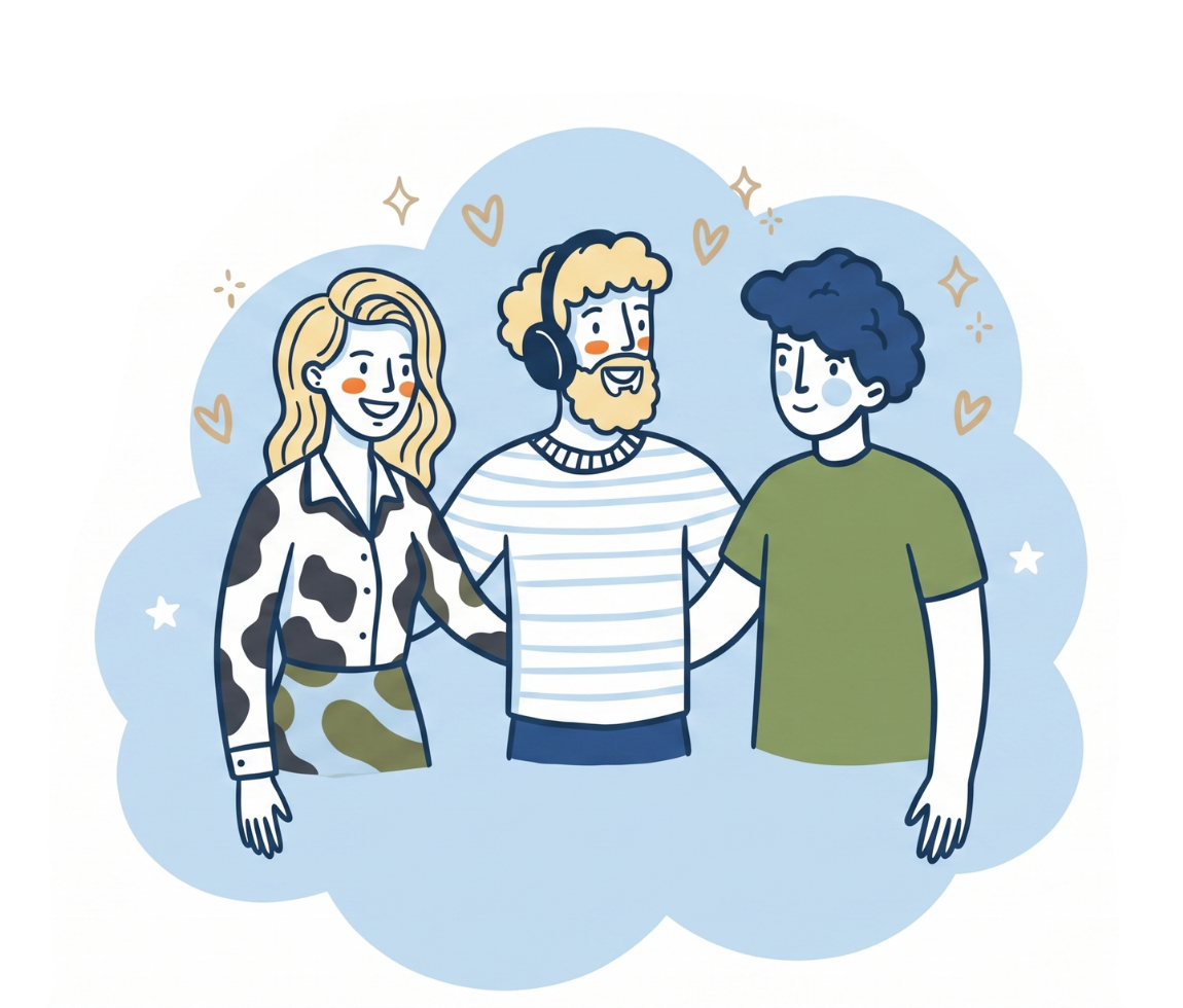 Illustration of three friends standing close, smiling with hearts and stars around them.