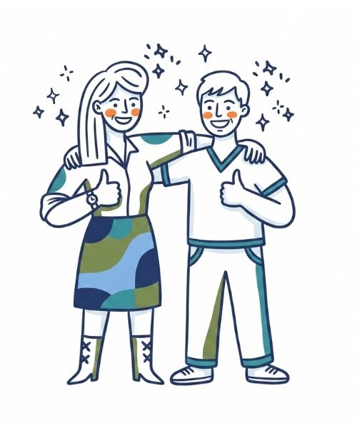 Illustration of a smiling woman and man giving thumbs up, standing close with arms around each other.