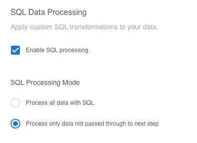 The filter configuration form with settings to pass specific events to the next pipeline step, and process all other events using SQL.