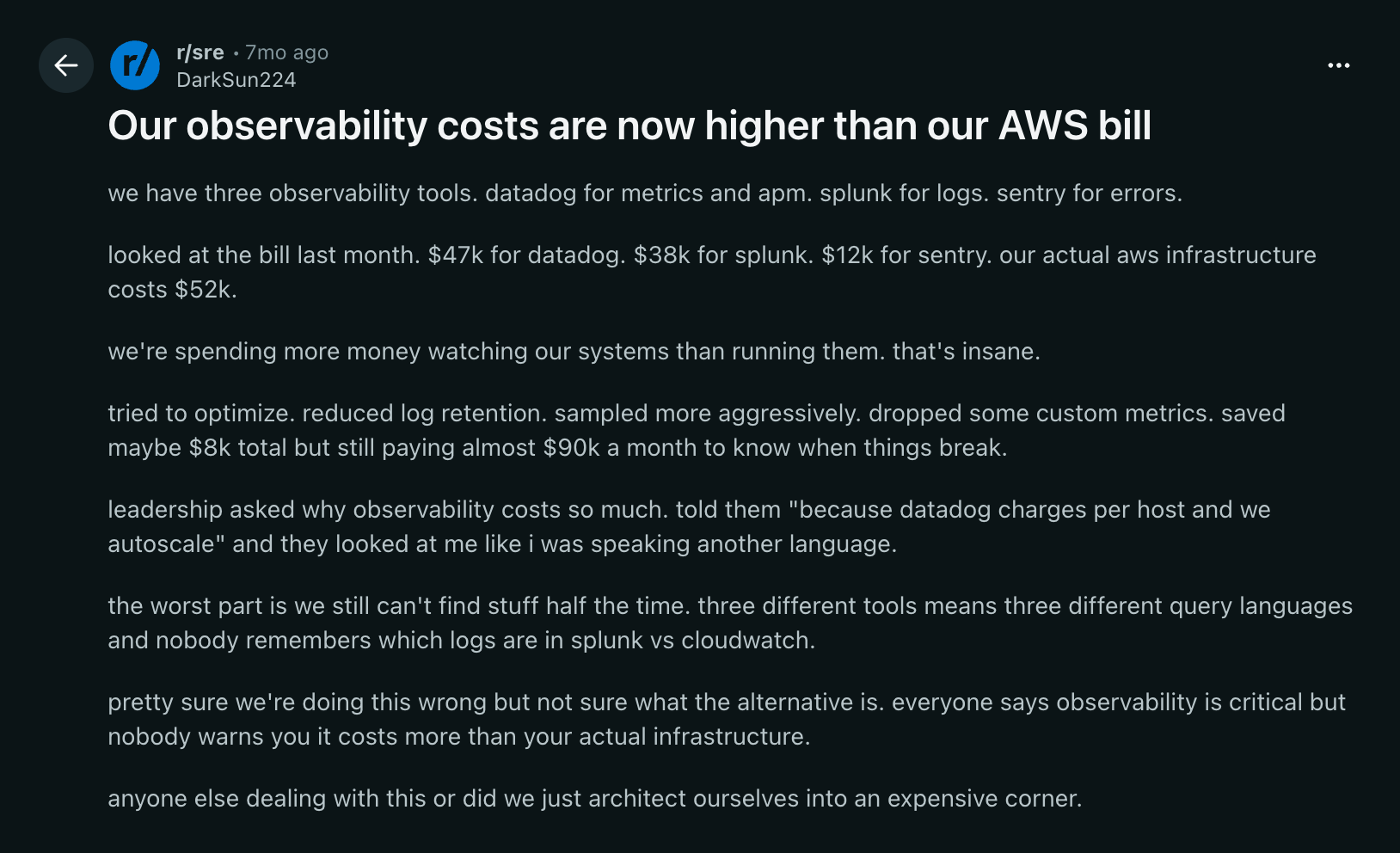 Reddit post titled Our observability costs are now higher than our AWS bill