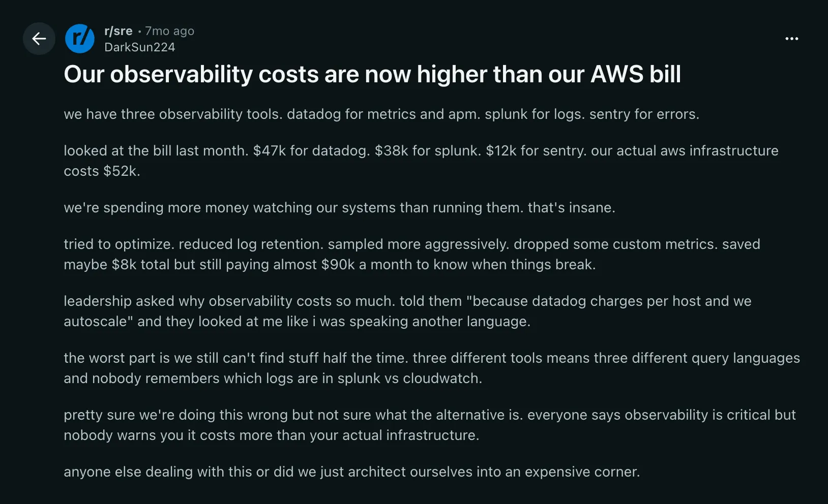 Reddit post titled Our observability costs are now higher than our AWS bill