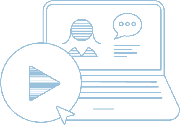 Illustration of a laptop with a video play button and chat bubble