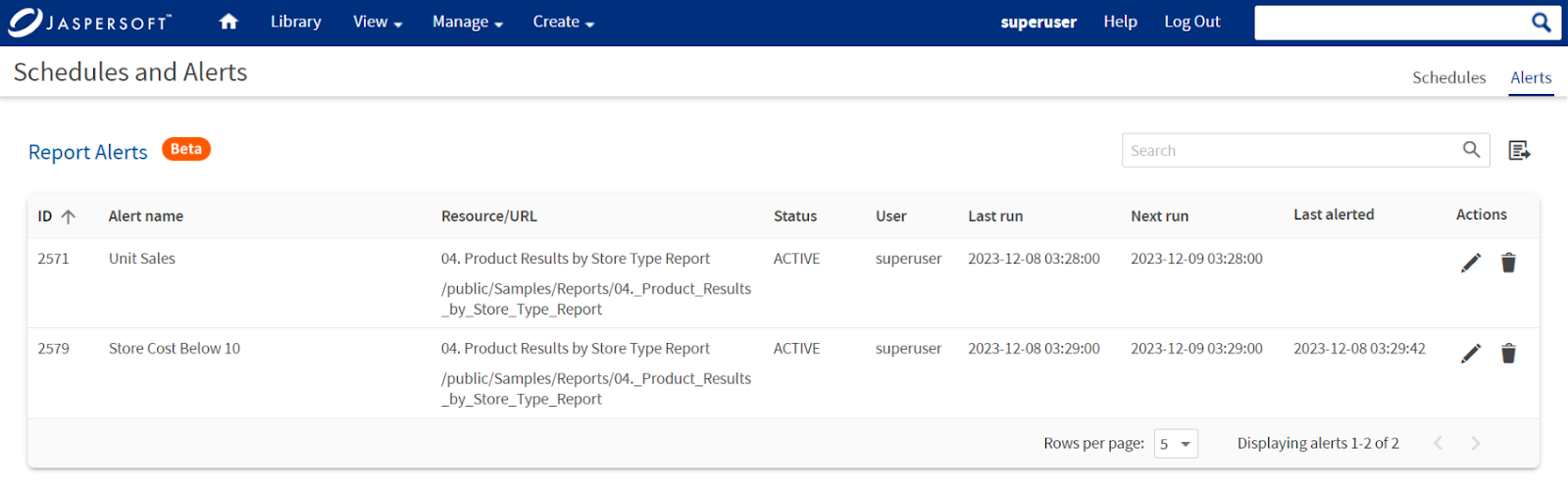 View alerts in Schedules and Alerts page of JasperReports Server 9.0