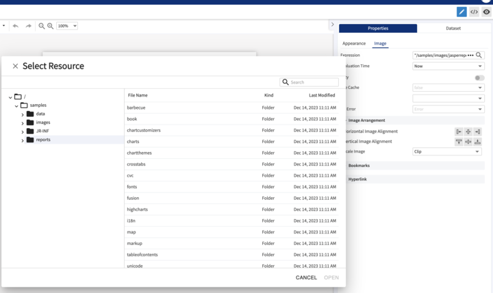 New in JasperReports Web Studio 3.0 is functionality to assist in selecting file resources