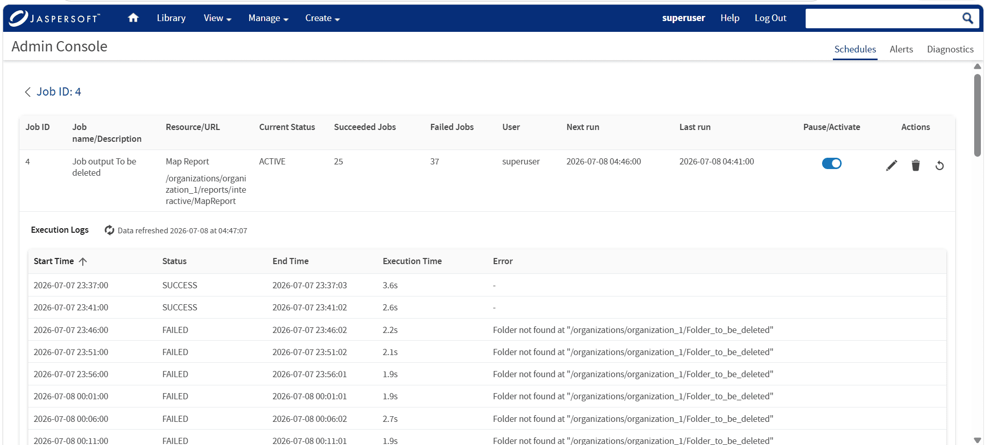Scheduler admin console provides real-time visibilty into job execution and report distribution
