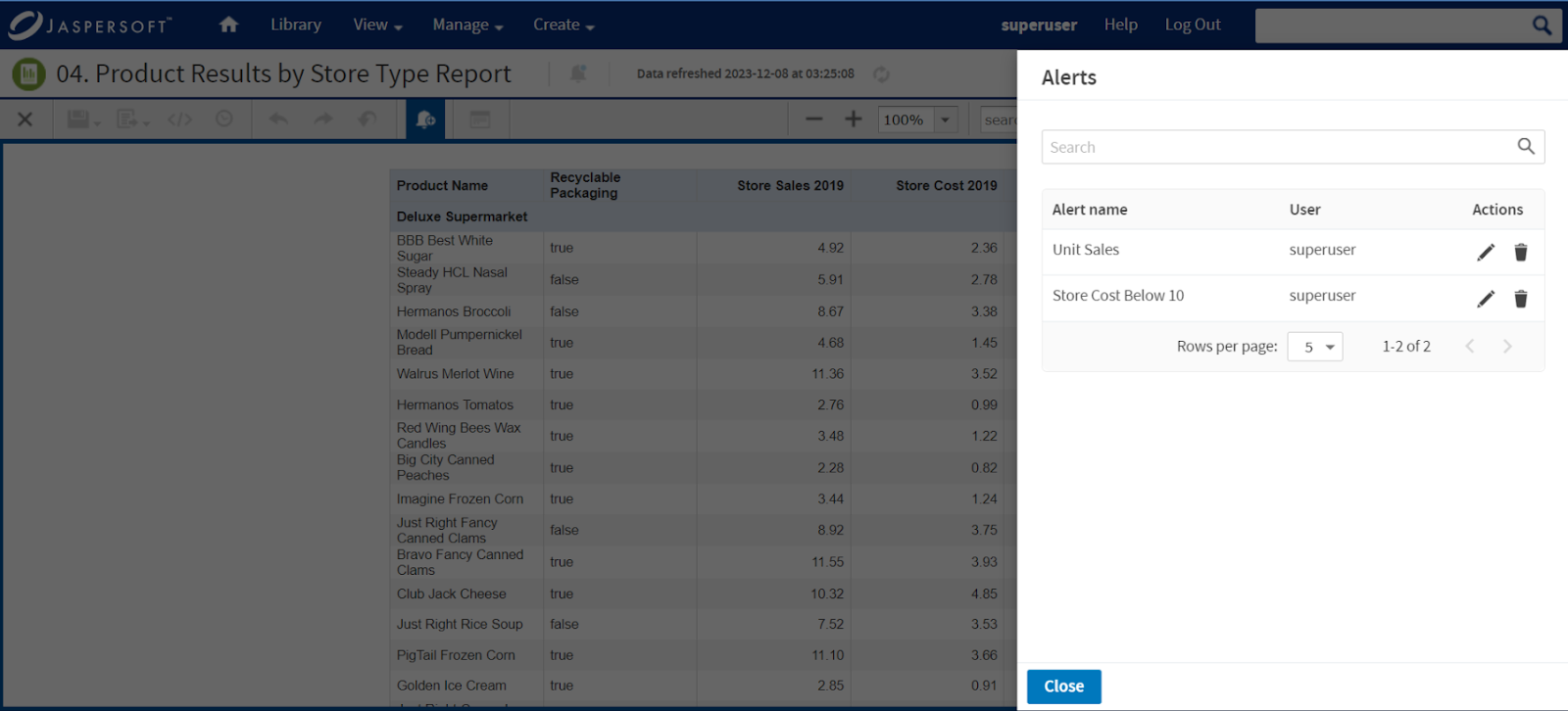 View a list of alerts in Report Viewer