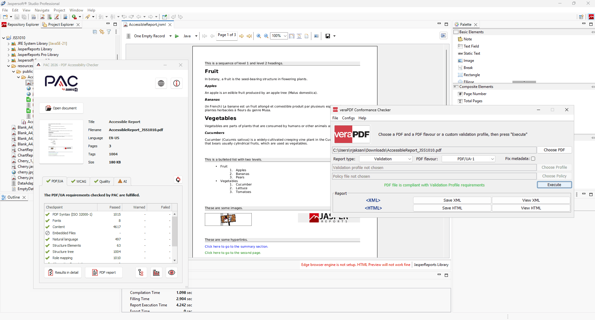 Accessible report in Jaspersoft Studio alongside PAC and veraPDF validation results