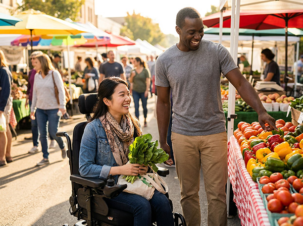 A wheelchair bound female shopping a farmers market with her male caregiver