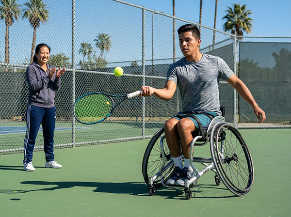 A wheelchair bound young male playing tennis with a caregiver cheering him on.