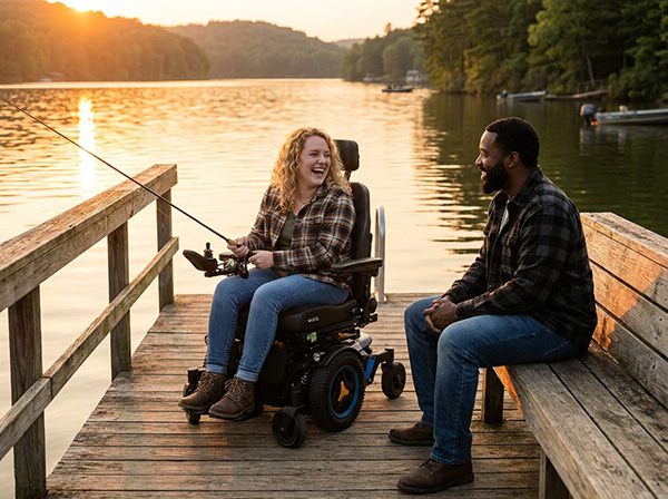 A wheel chair bound female fishing off the doc at sunset with her caregiver keeping her company