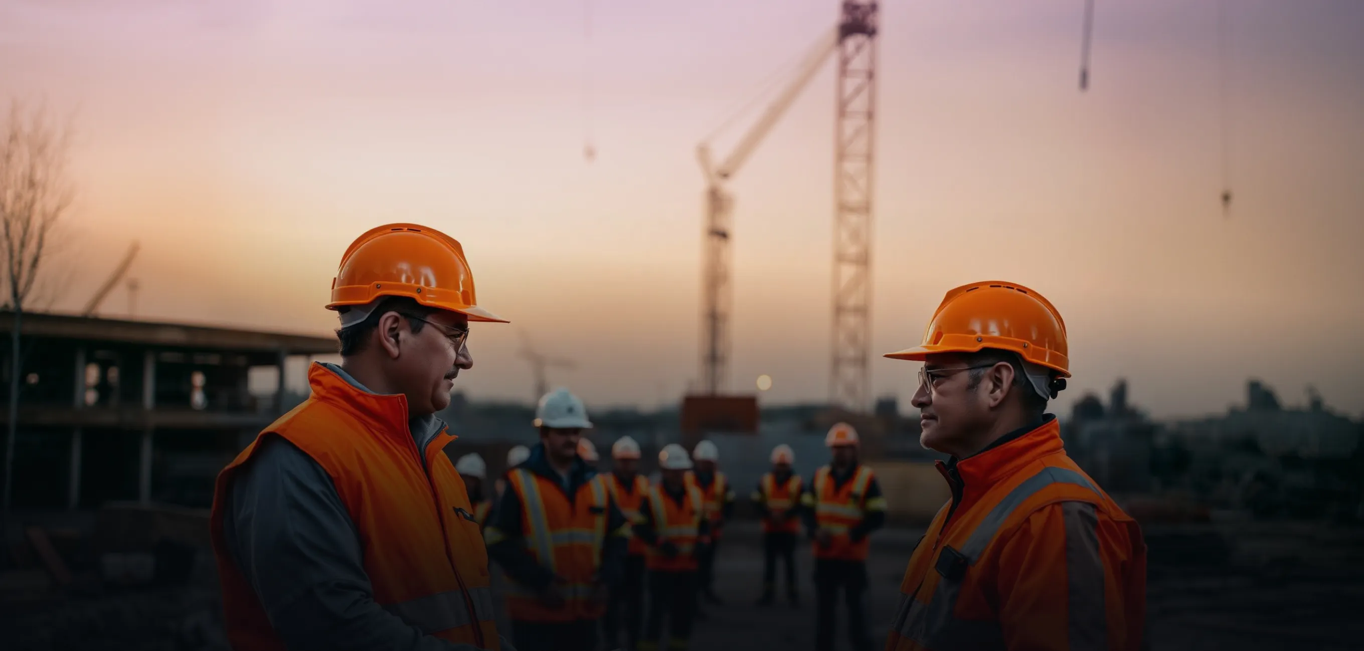 Two construction workers in orange helmets and vests facing each other with a crew and cranes in the background.