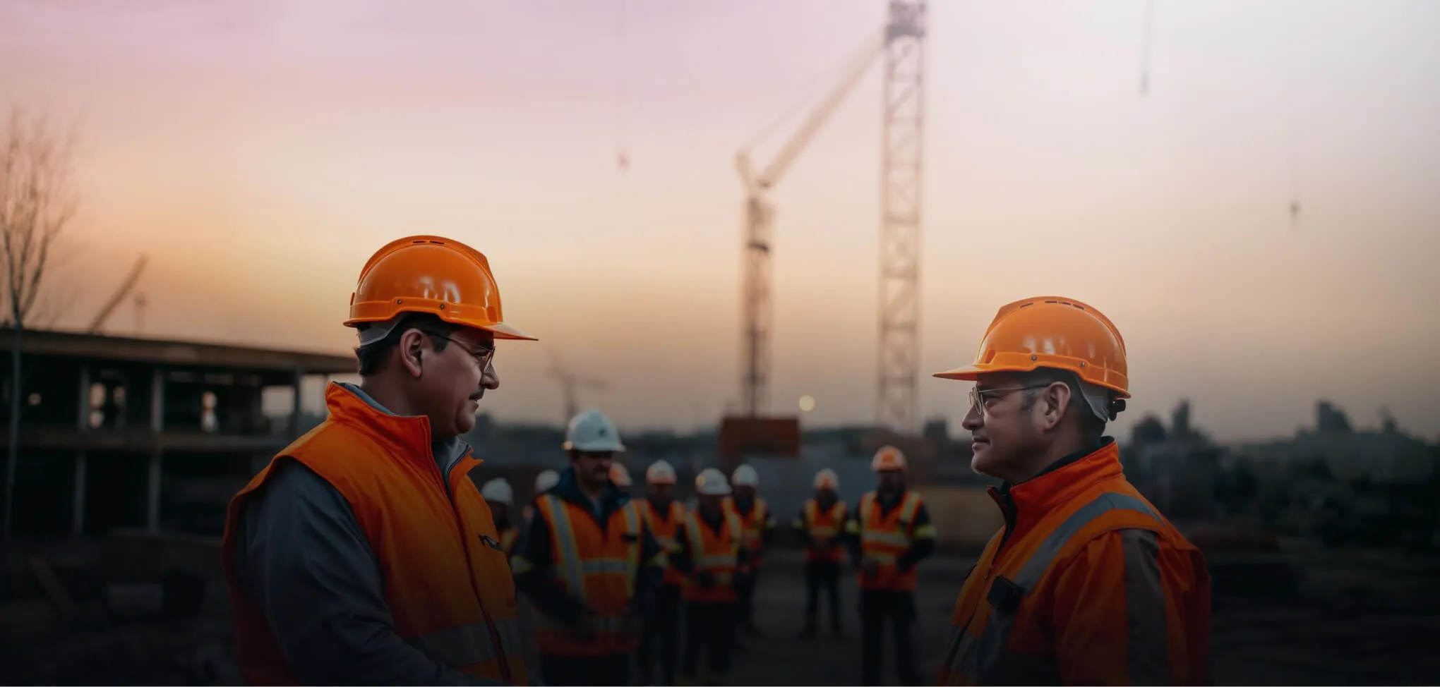 Two construction workers in orange helmets and vests facing each other with a crew and cranes in the background.