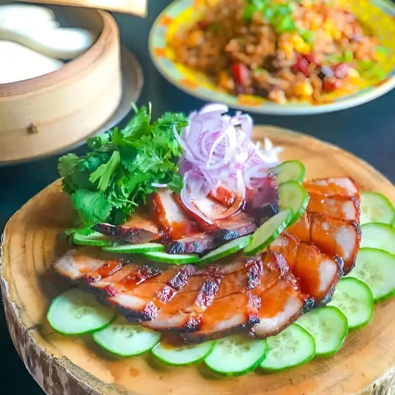 Grilled sliced meat on a wooden plate garnished with cucumber slices, onions, and fresh herbs.