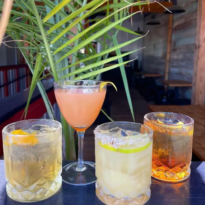 Four assorted cocktails with ice and citrus garnishes on a table in a relaxed indoor setting.