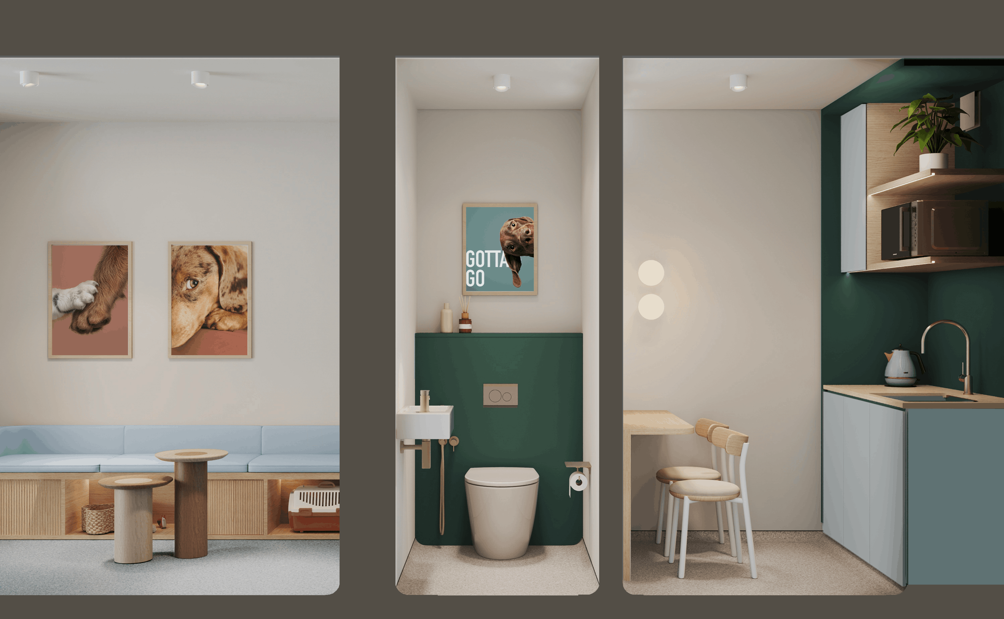 AnimalKind's Modern interior with seating, a restroom with dog print, and a kitchenette with table and chairs.