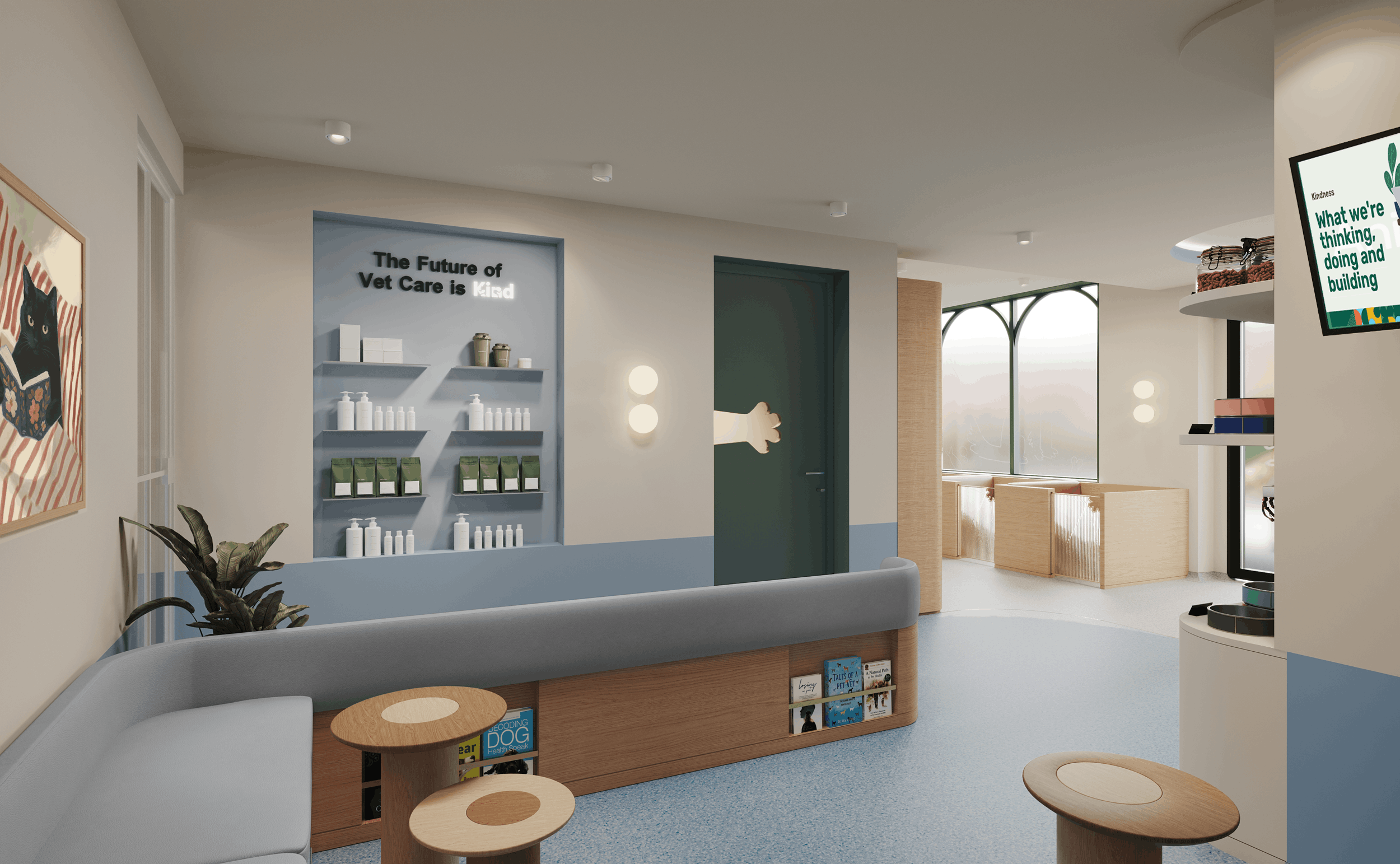 AnimalKind's Modern waiting area with curved bench, small tables, pet care products, and a door with a paw-shaped handle.