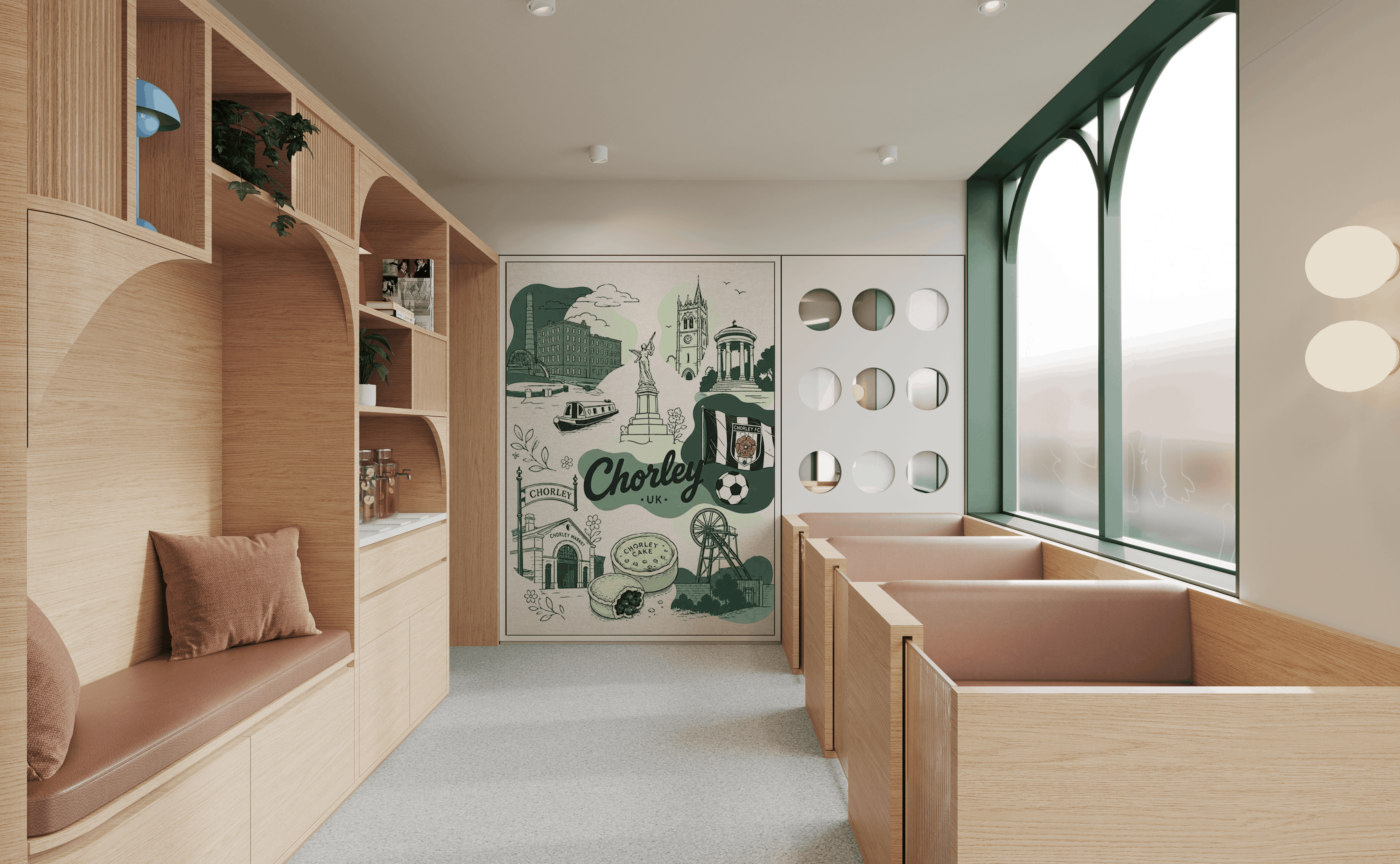 AnimalKind's Modern seating area with wooden benches, brown cushions, a mural labeled Chorley UK, and large arched windows.