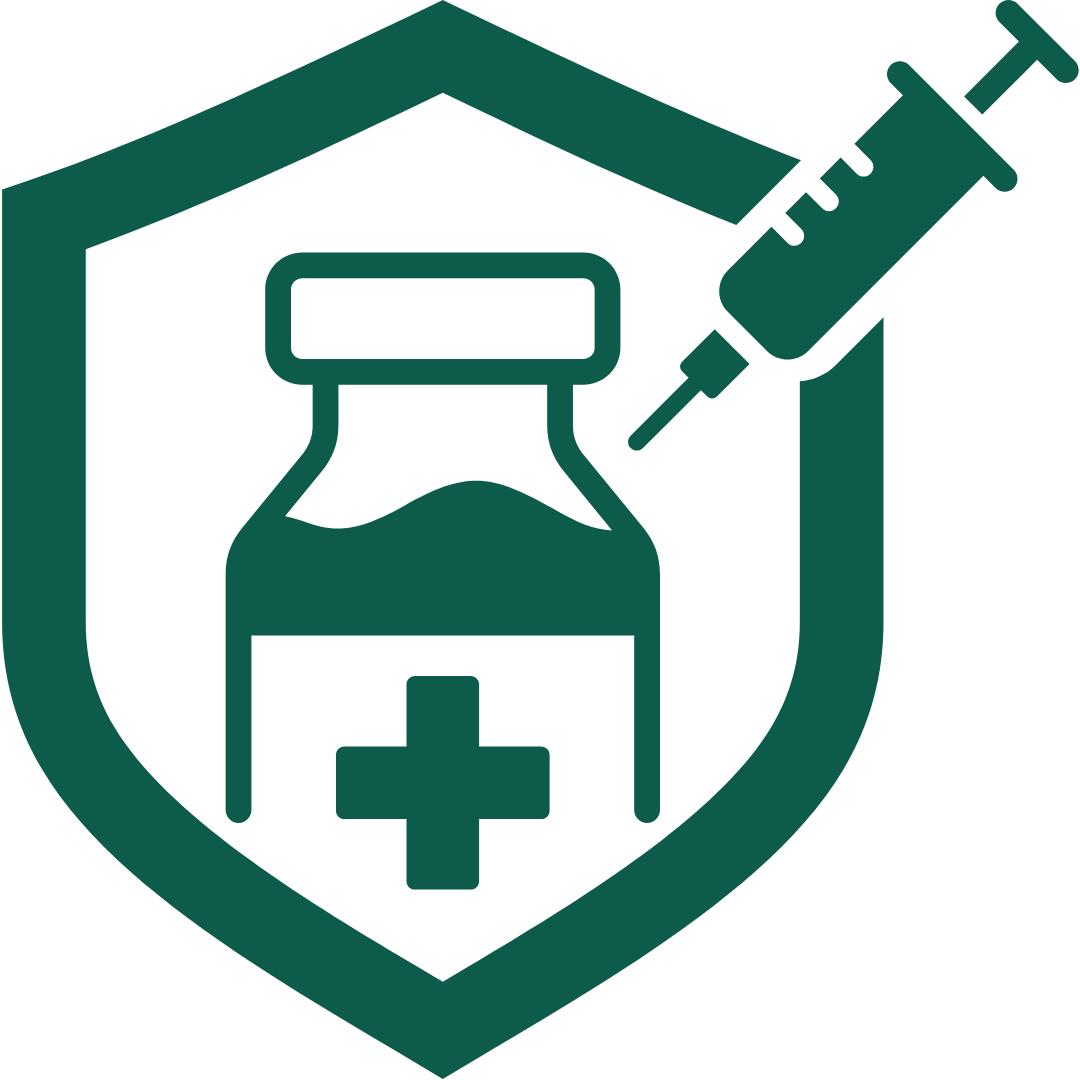Shield icon with a medicine vial featuring a cross and a syringe injecting it.
