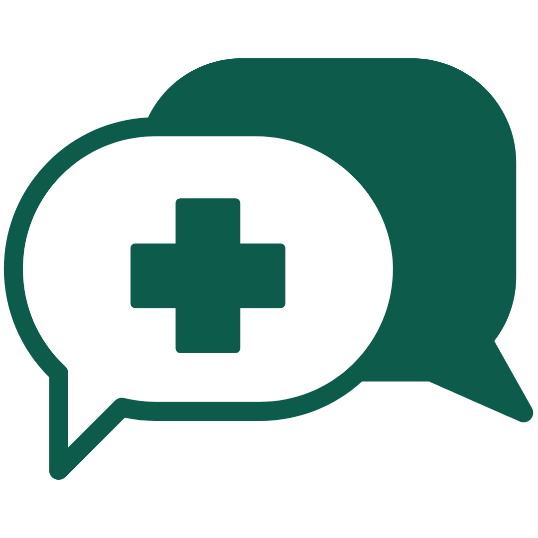 Two overlapping speech bubbles with a medical cross inside the front bubble.