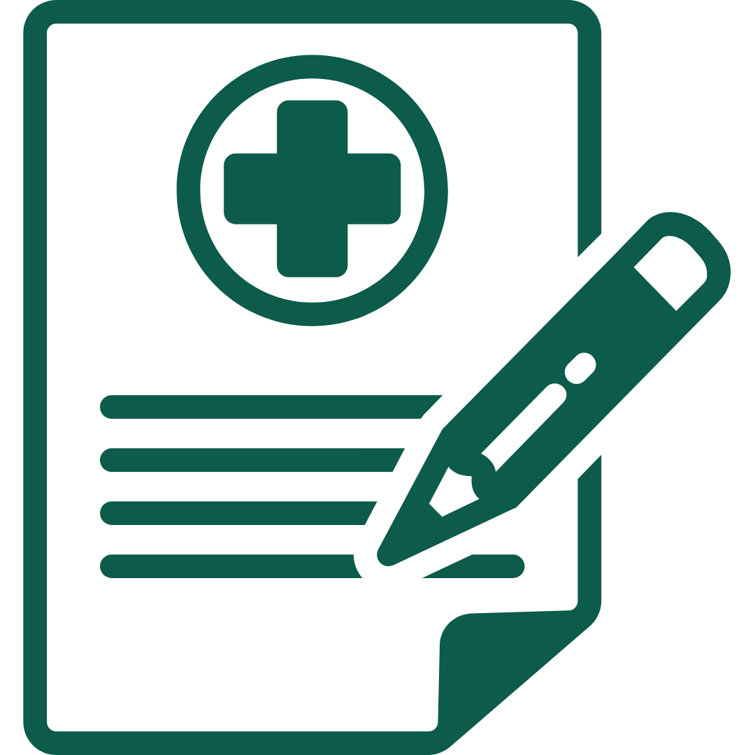 Icon of a medical document with a cross symbol and a pencil writing on it.