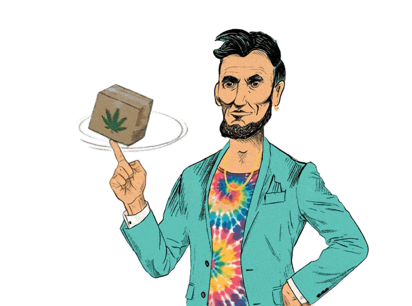 Illustration of a man in a teal blazer and tie-dye shirt spinning a box with a cannabis leaf on his finger.