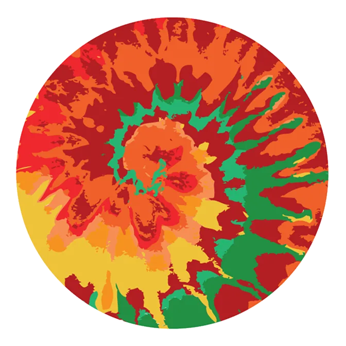 Colorful tie-dye pattern in a circle with red, orange, yellow, and green spiral bursts.