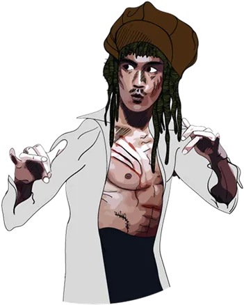 Illustration of a man with dreadlocks and scars wearing a brown hat and open white shirt.