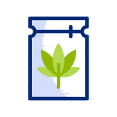 Green leaf inside a blue-outlined jar on white background symbolizing natural ingredients.