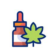 Dropper bottle with a green cannabis leaf beside it.