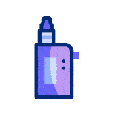 Animated illustration of a blue and purple vaping device emitting smoke puffs in a loop.