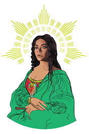 Portrait of a woman with long dark hair in a green dress and a yellow radiant halo behind her head.