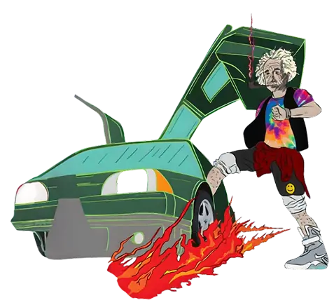 Cartoon of a man with wild hair lighting a car on fire with a matchstick.