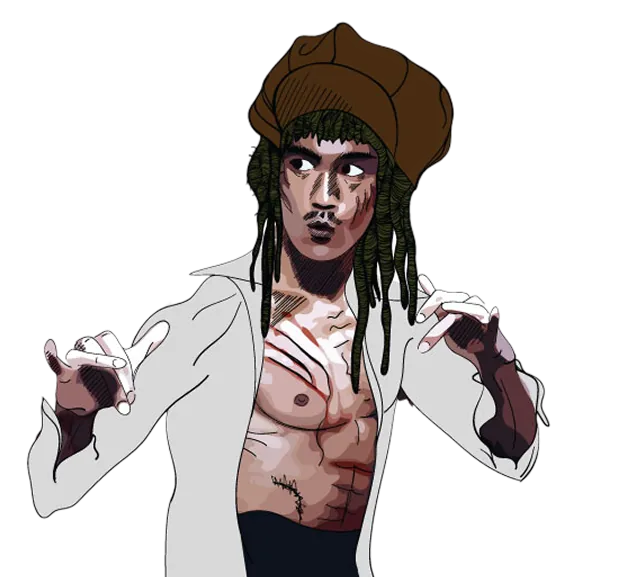 Illustrated shirtless man with dreadlocks and brown hat in a martial arts pose.