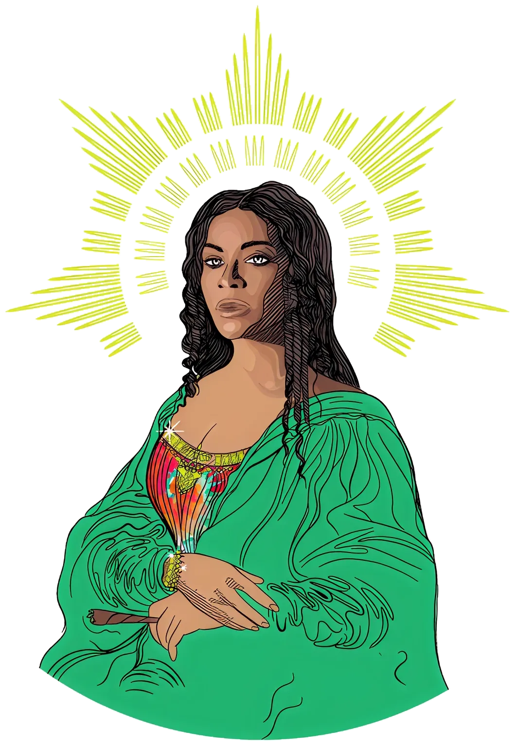 Illustration of a woman with long hair in green cloak and colorful dress, with a glowing halo behind her head.