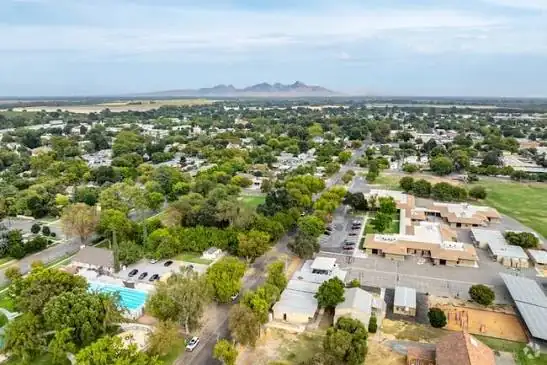 Aerial view of a suburban area with green trees, houses, a swimming pool, and distant mountains.