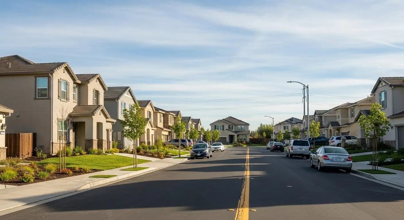 Suburban street with parked cars, lined by two-story houses and young trees under a blue sky.