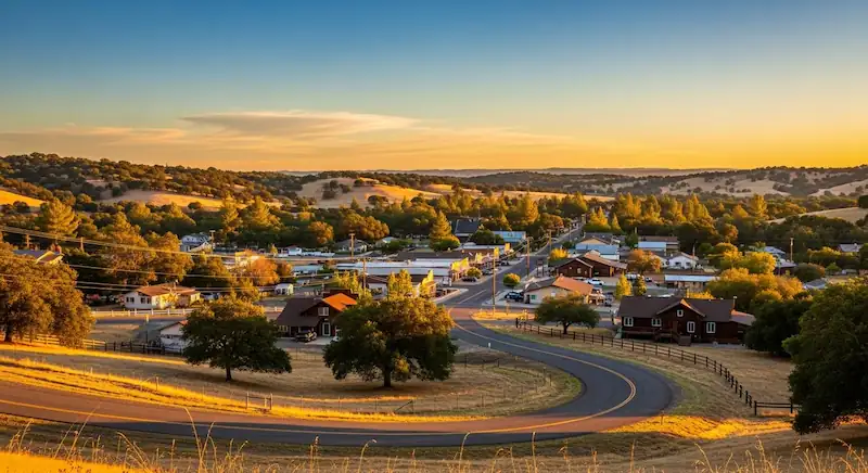 Curved road leading to a small town with houses surrounded by trees and rolling hills at sunset.